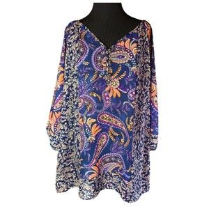 CHAPS by Ralph Lauren Navy Blue / Orange Blouse Womens XL - Peasant Style V-Neck